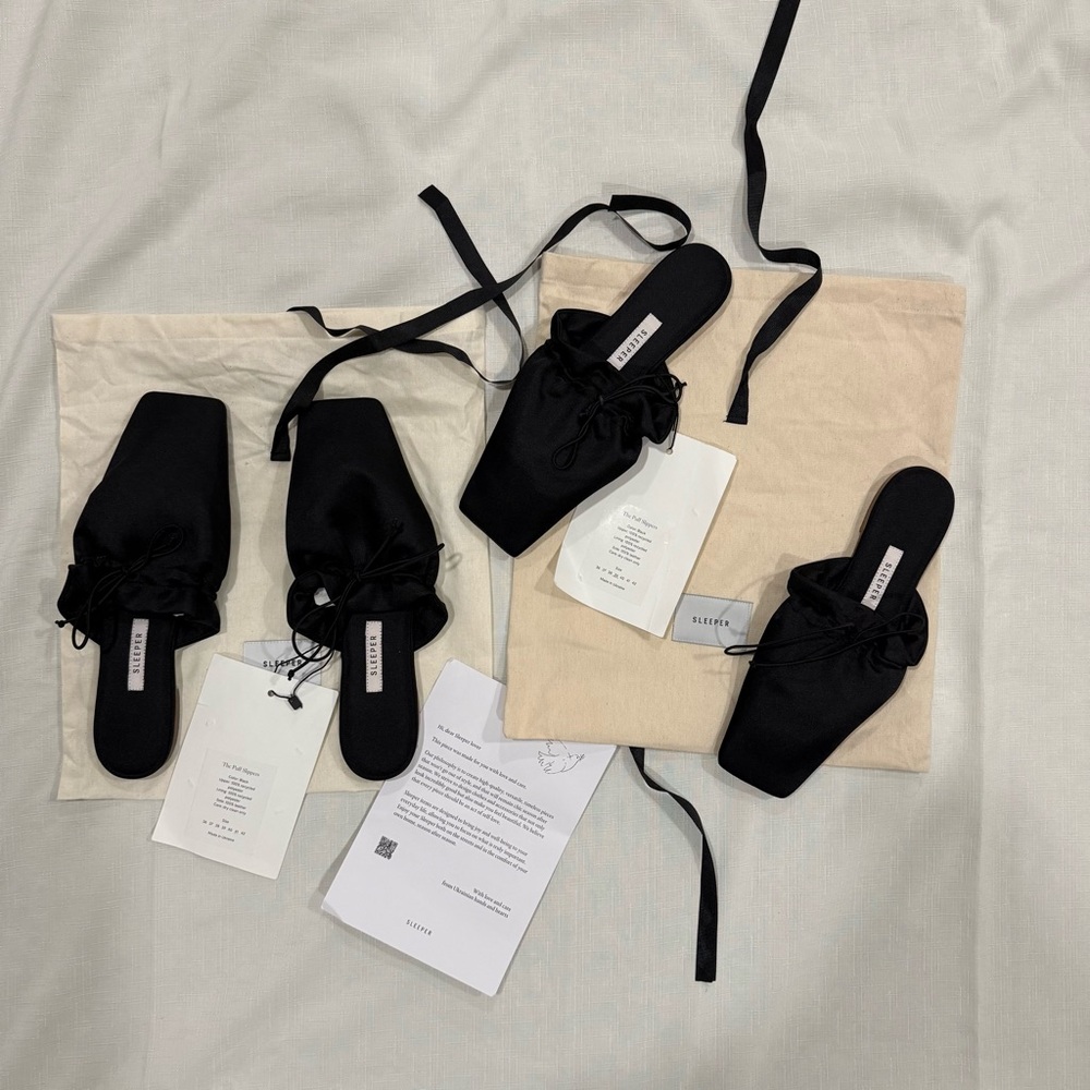 NWT Bundle of 2 Sleeper Satin Puff Slippers Black Slip-On Satin sz 39 & 41